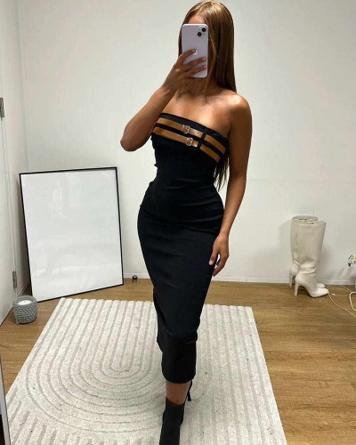 Midi Slim Φόρεμα Με Ζώνη Στο Τοπ