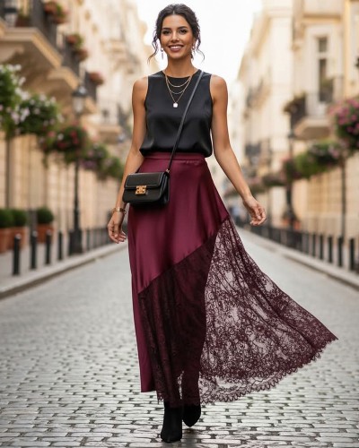 Mix Lace Colour Saten Φούστα