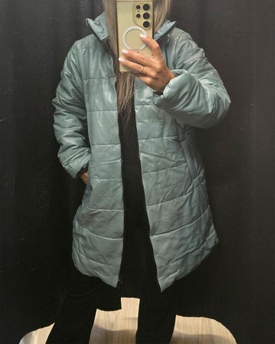Puffer Midi Μπουφαν Με Όψη Δερματίνης