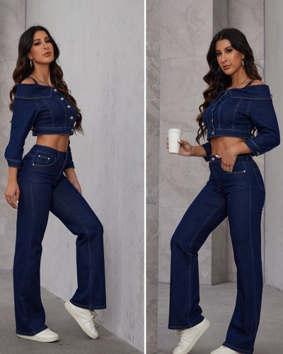 Straples Σετ Crop Jean Τζακετ Με Τζιν