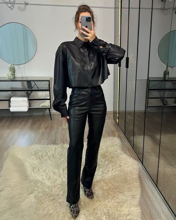 Black Crop Leather Πουκάμισο
