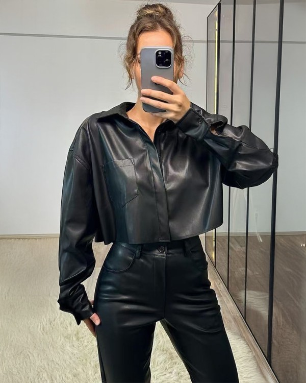 Black Crop Leather Πουκάμισο