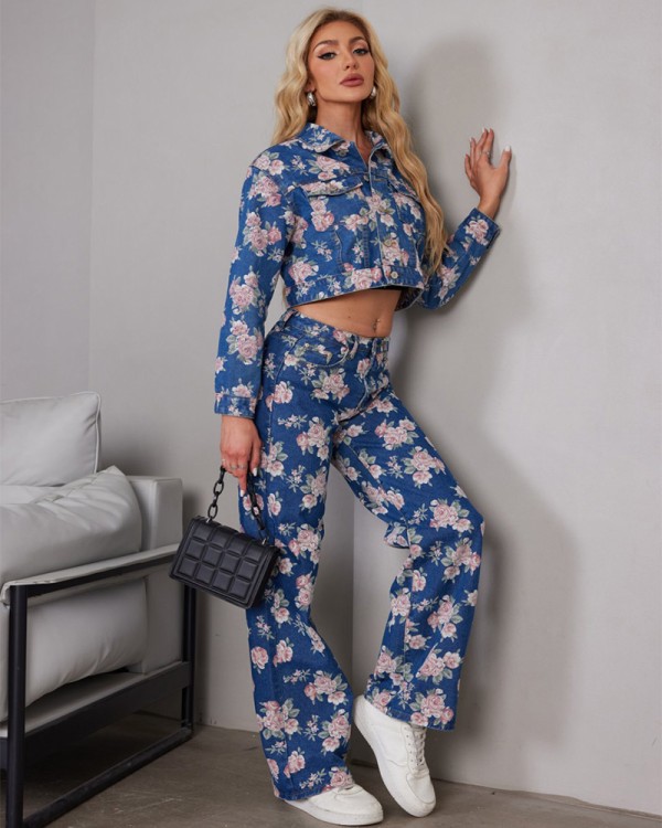 Floral Τζιν Τζακετ Με Ζακέτα
