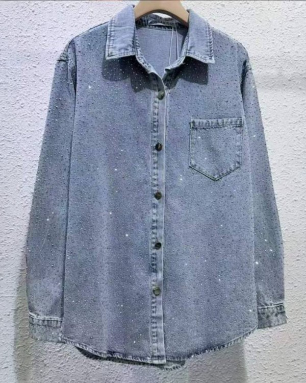 Blue All Strass Τζιν Πουκάμισο