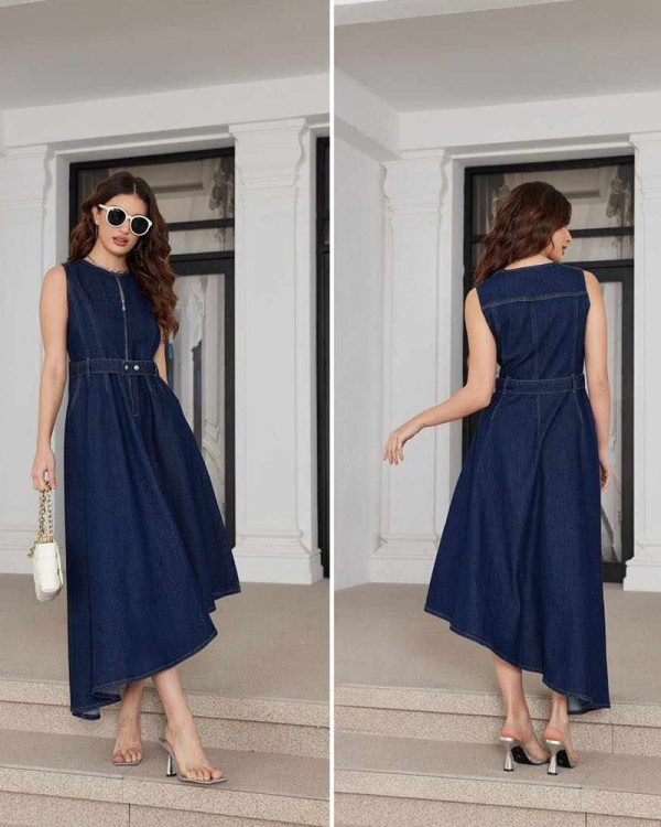 Navy Denim Maxi Ασύμμετρο Φόρεμα
