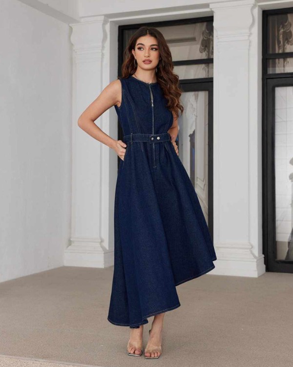 Navy Denim Maxi Ασύμμετρο Φόρεμα